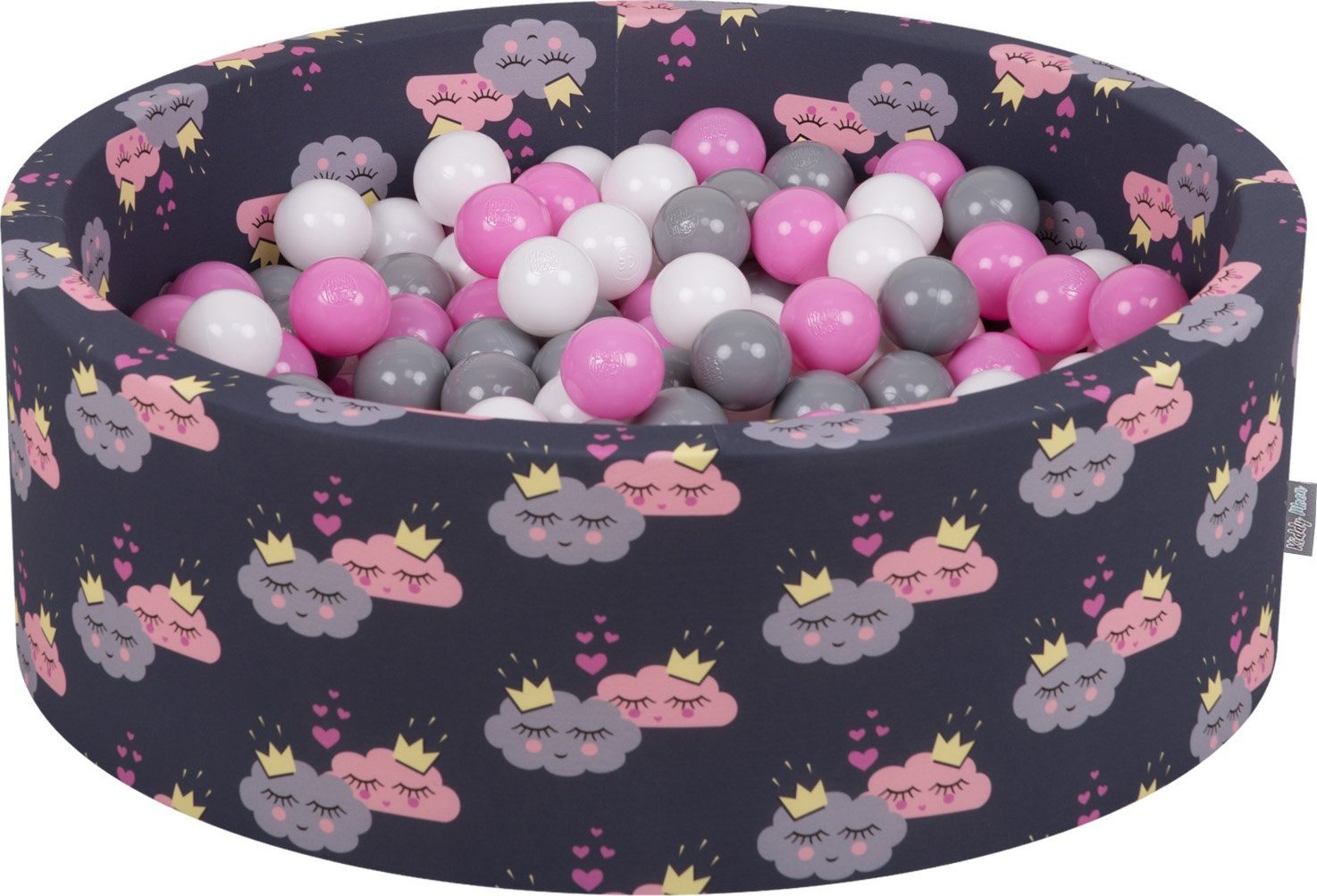 KiddyMoon KiddyMoon Suchy basen okrągły z piłeczkami 7cm chmurki-granat: szary-biały-róż 90x30cm/300piłek Zabawka basen piankowy