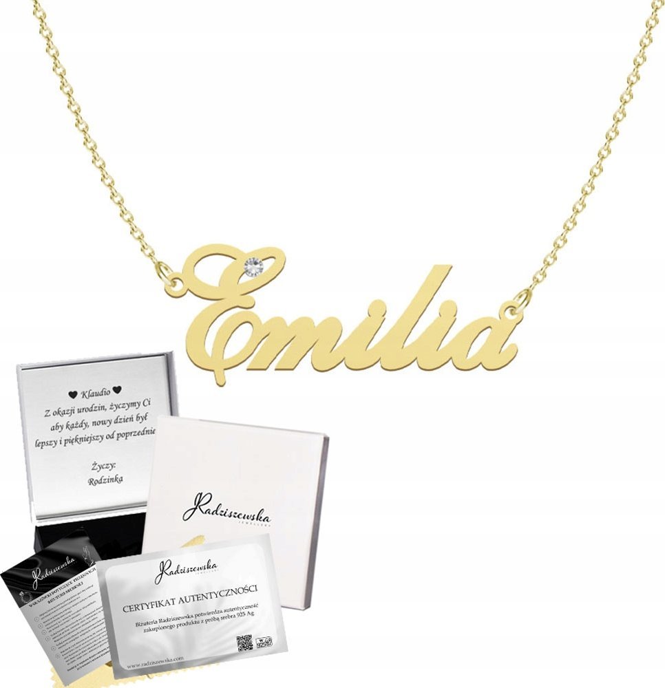 Radziszewska Jewellery Złoty Naszyjnik z imieniem EMILIA Łańcuszek SREBRO 925 Prezent DEDYKACJA