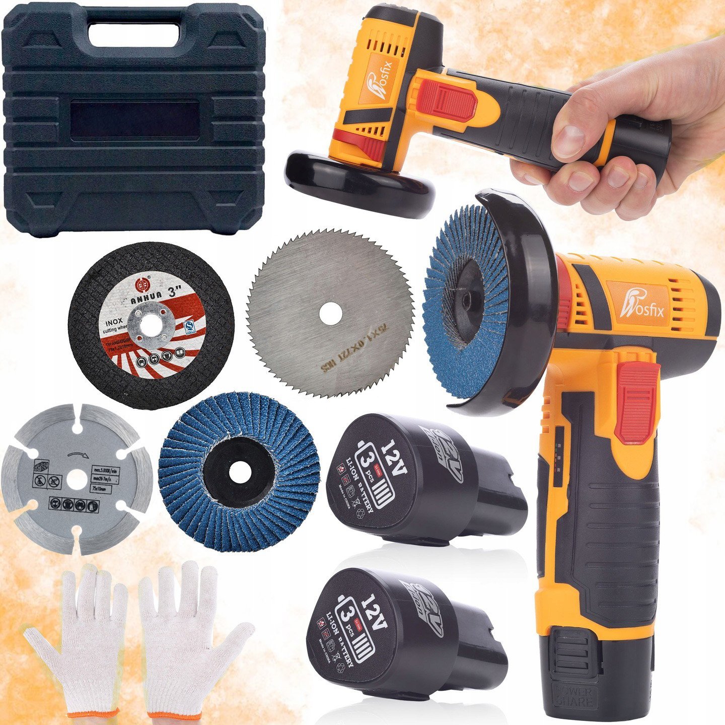 Szlifierka Rosfix AKUMULATOROWA MINI SZLIFIERKA KĄTOWA 12V 3 TARCZE PRECYZYJNA WALIZKA+TARCZA