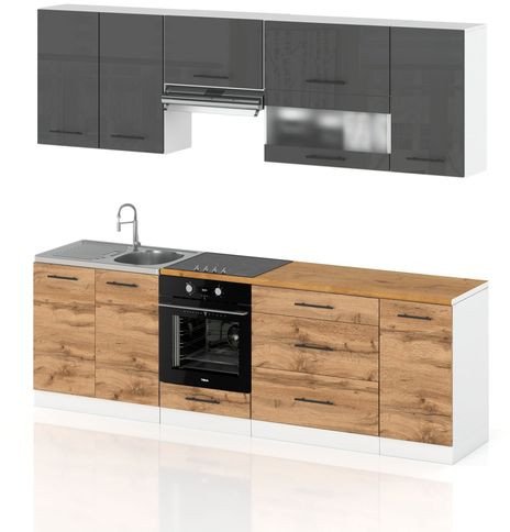 Meble Kuchenne Zestaw Kuchnia Marocco 2.6m Modułowa Szary Połysk Dąb Wotan
