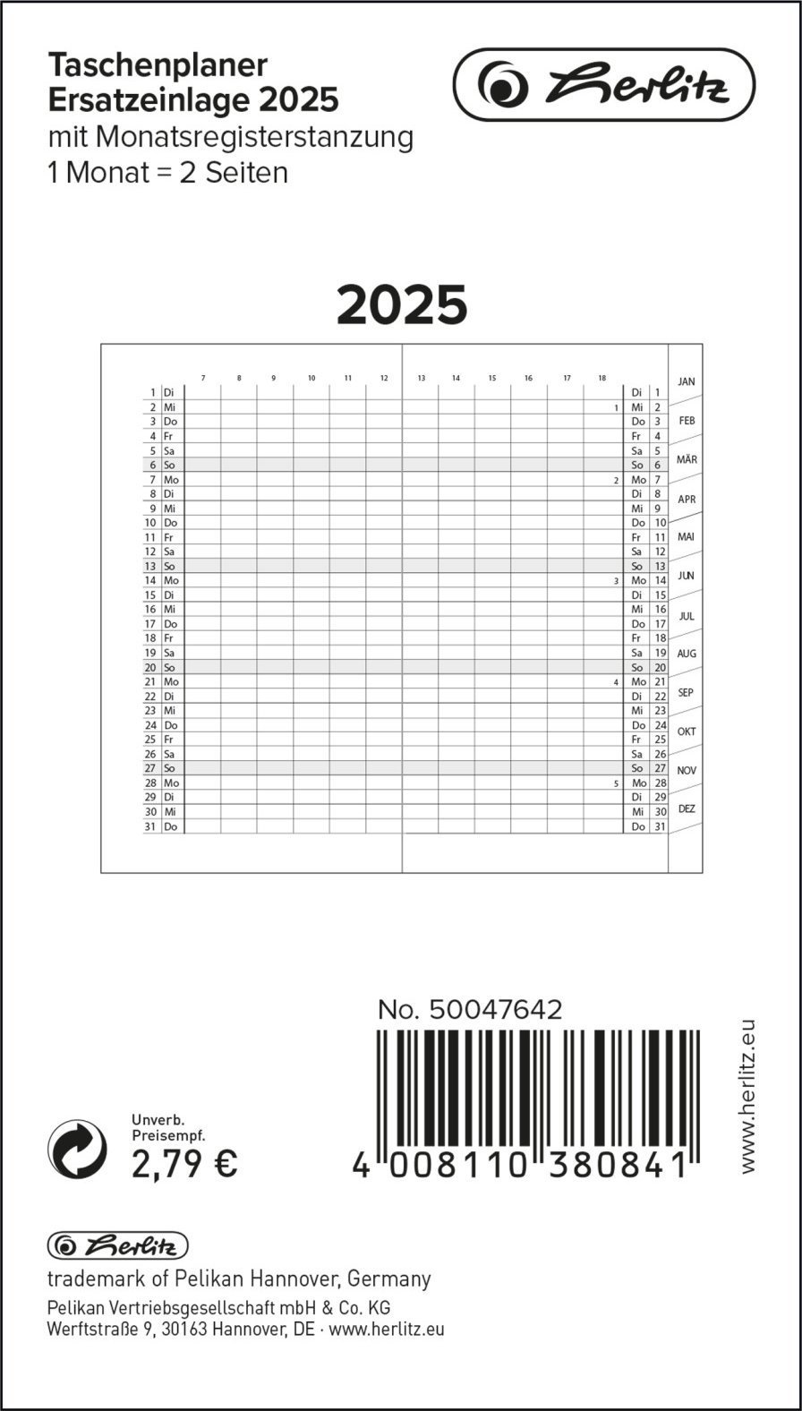 Herlitz Herlitz Taschenplaner mit Monatsregisterstanzung geheftet