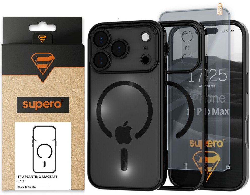 Etui Supero Tpuplating MagSafe do iPhone 17 Pro Max, czarno-przezroczyste + szkło