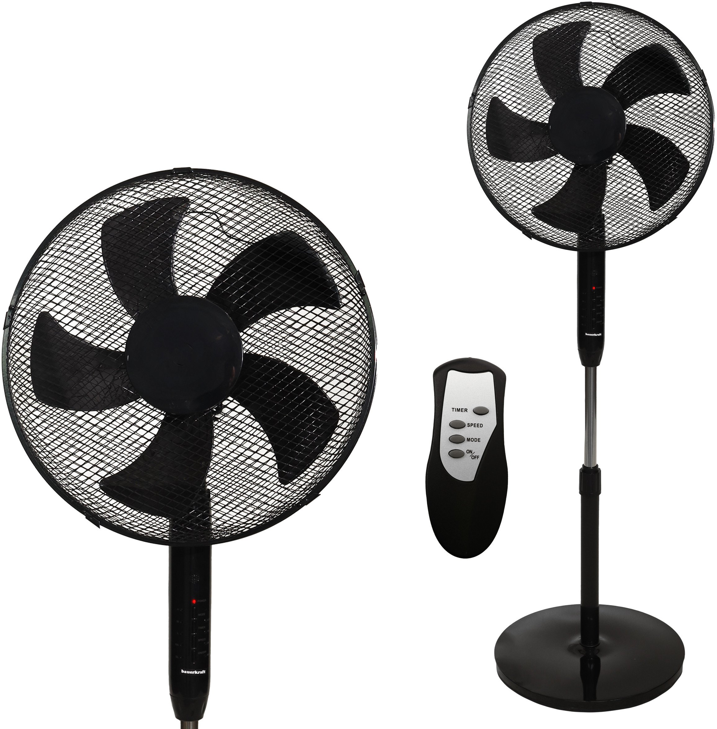 Wentylator podłogowy wiatrak stojący 5 łopatek mocny cichy timer pilot 3 tryby regulacja 45W czarny Bauerkraft