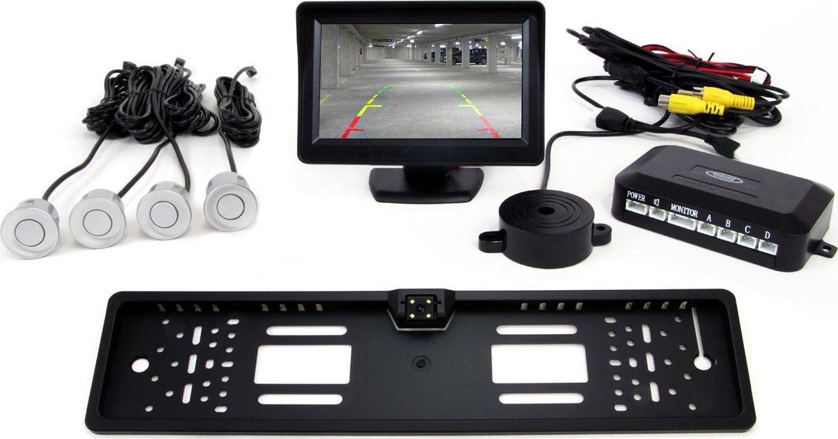 AMiO 01554 Zestaw czujników 4 sensory srebrne TFT 4,3 z kamerą 402 w ramce rejestracji