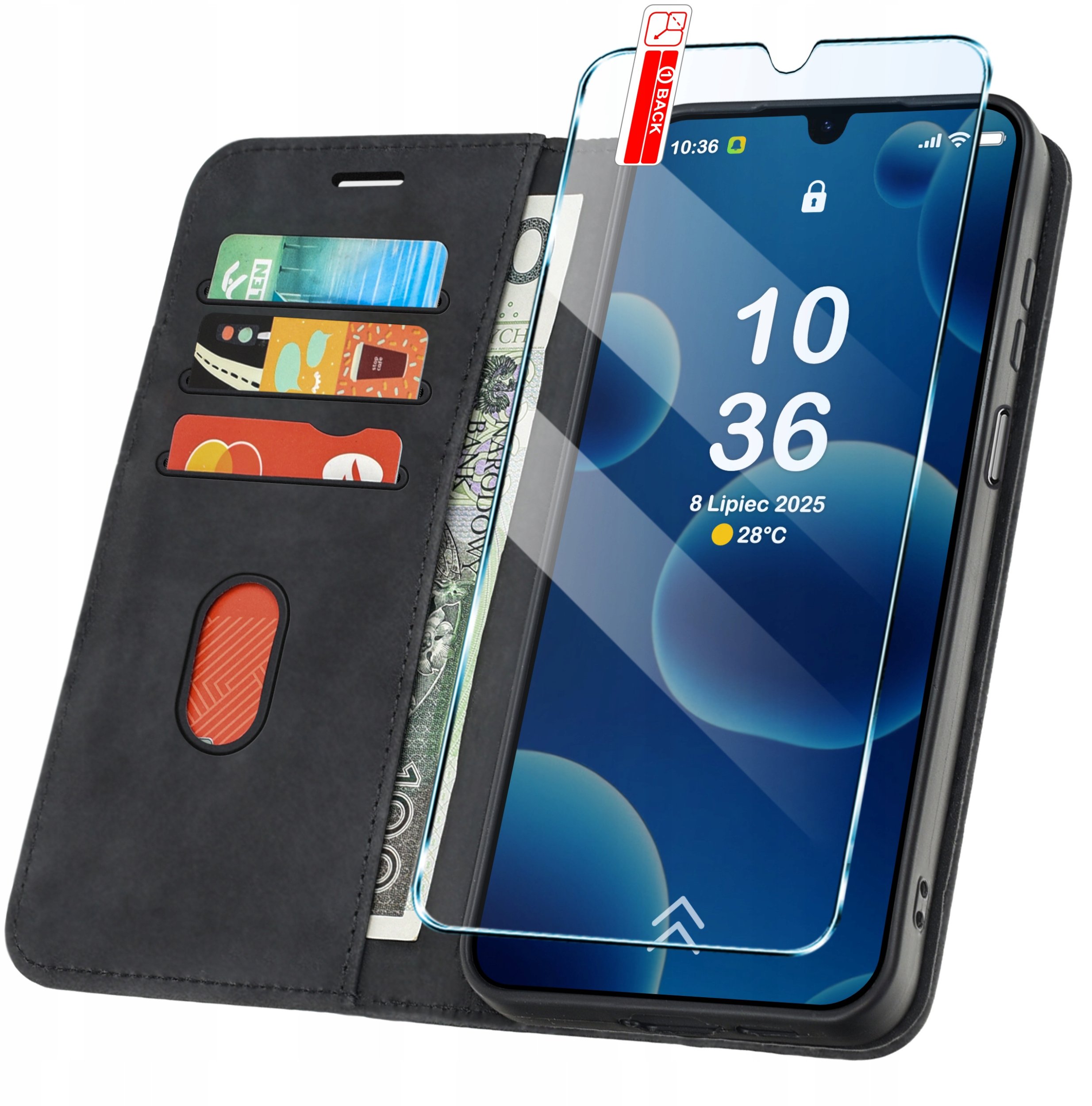 ETUI Z KLAPKĄ do Samsung A17 5G Zamykane Magnetyczne Skórzane czarne +Szkło