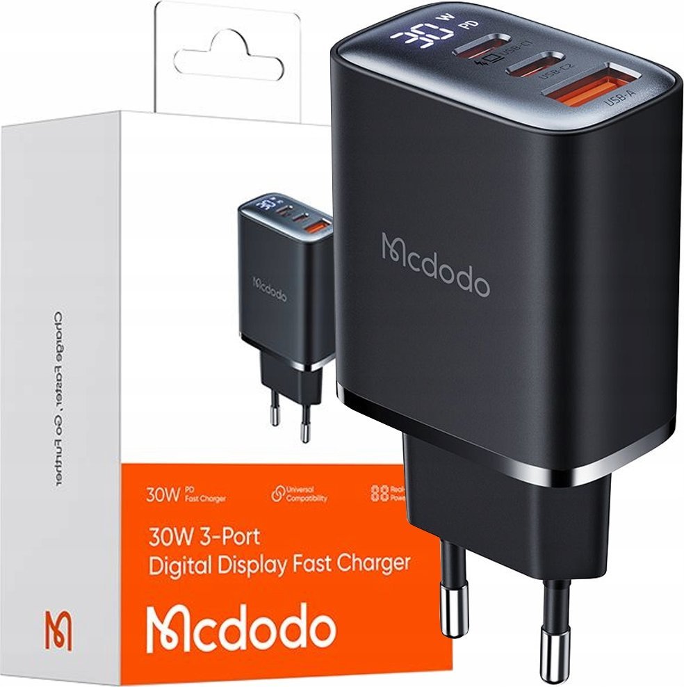 Ładowarka Mcdodo MCDODO SZYBKA ŁADOWARKA SIECIOWA DO IPHONE 2XUSB-C 1XUSB PD 30W MIERNIK LED