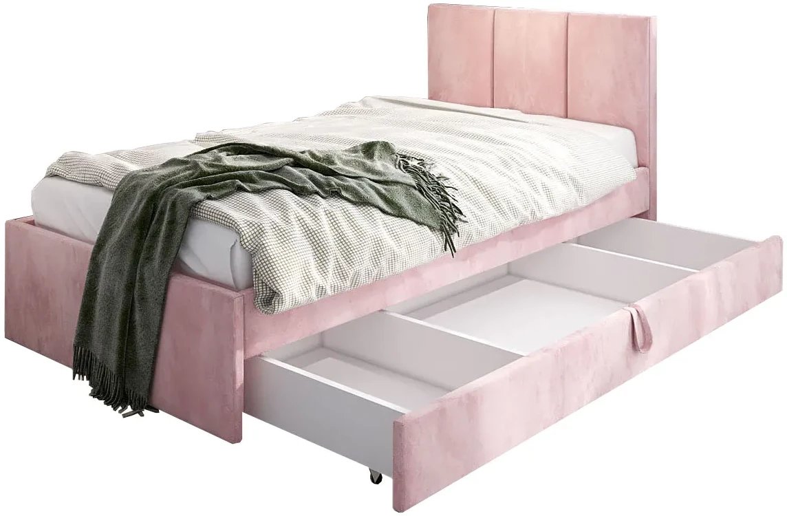 Łóżko młodzieżowe VIVO 2 120x200 granatowe z tapicerowanym panelem i szufladą MKPOL