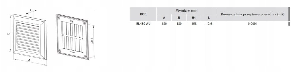 Kratka wentylacyjna 180x180mm z siatką bez kołnierza biała EL180AU