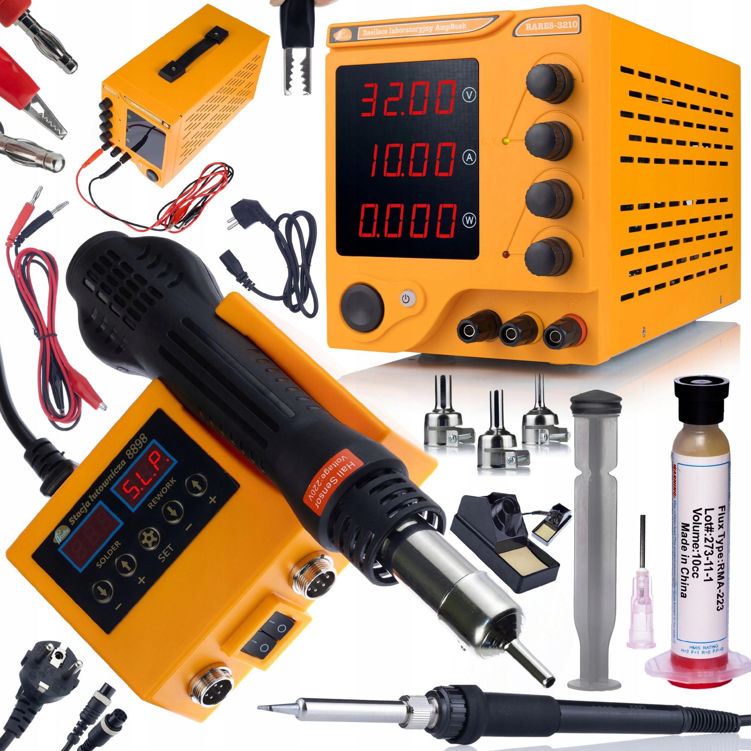 Zasilacz laboratoryjny AmpRush RARES-3210 32V 10A + Stacja lutownicza 2w1 Hot-Air Orange Husky OH660 Seria Electric S + Topnik RMA-223 tłoczkiem i igł