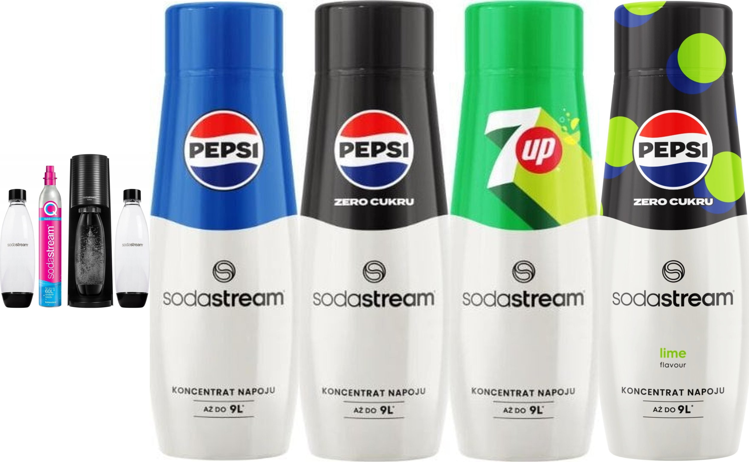 Saturator Sodastream Terra + 2 butelki + gaz Czarny + syrop Pepsi, Pepsi Zero, Pepsi Lime, 7Up