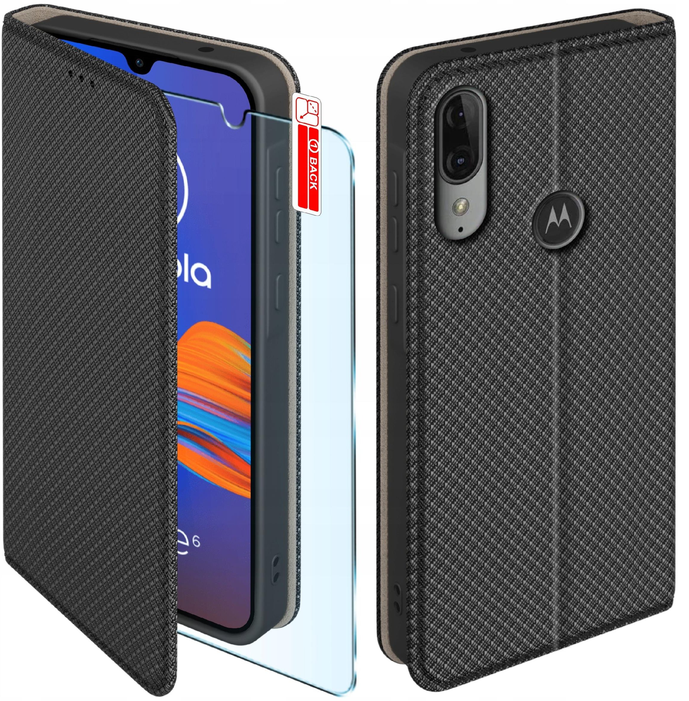 Etui z klapką do Motorola Moto E6 Plus Zamykane Czarne Futerał + Szkło 9H