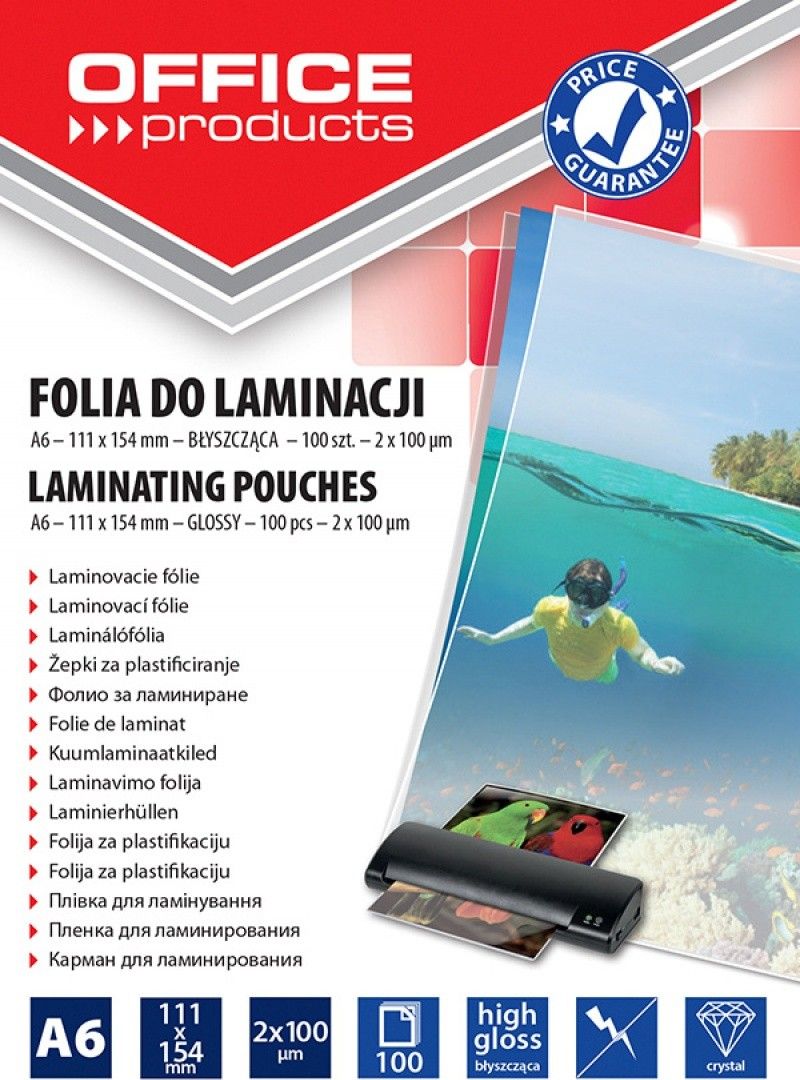 Office Products Folia do laminowania OFFICE PRODUCTS, A6, 2x100mikr., błyszcząca, 100szt., transparentna