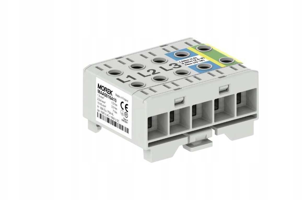 MOREK Złączka OTL16-5x szary niebieski żółto-zielony 5x1x Al/Cu 1,5-16mm 1000V AC/1500V DC Zacisk uniwersalny mocowanie na szynę MAA5016A10
