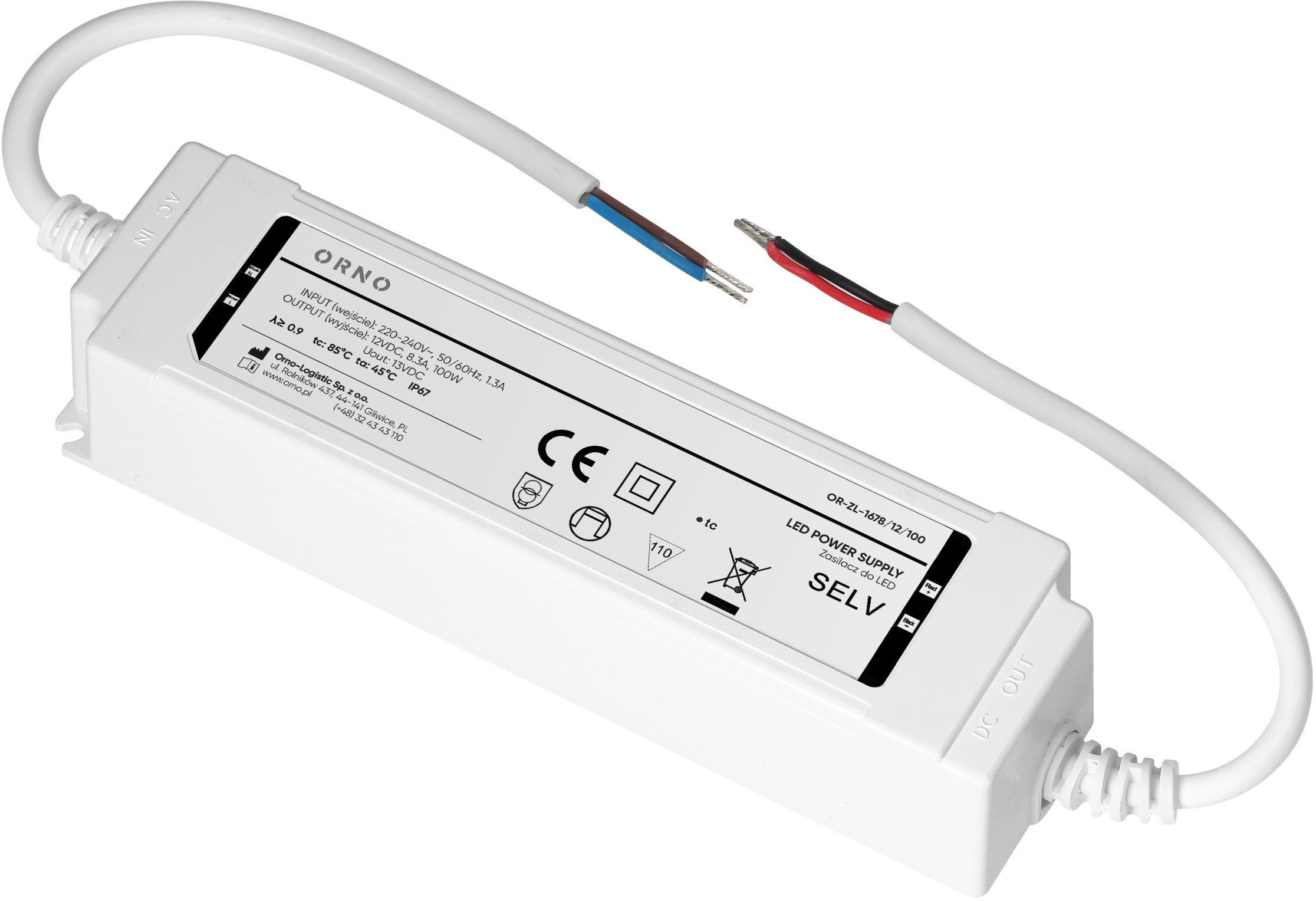 Zasilacz LED IP67, hermetyczny, 12V, 100W, plastikowa obudowa