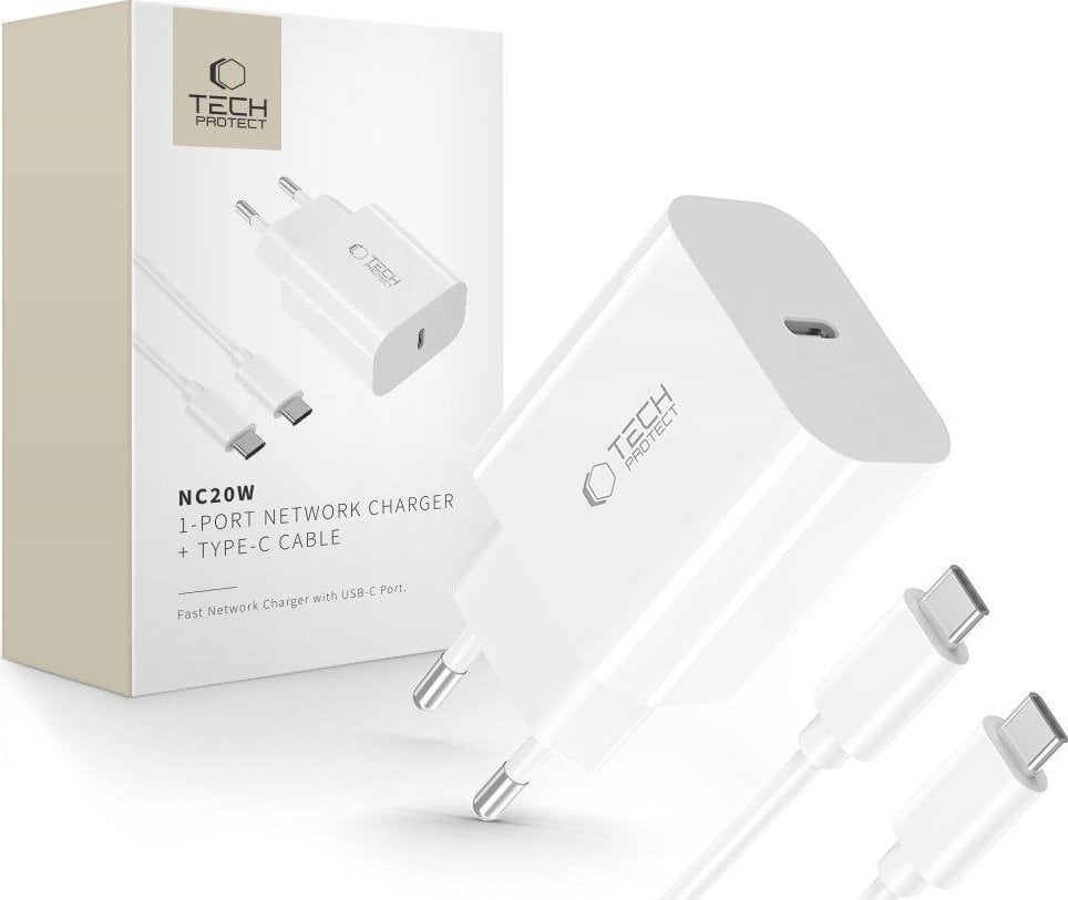 TECH-PROTECT NC20W 1-PORT NETWORK CHARGER PD20W + TYPE-C CABLE WHITE