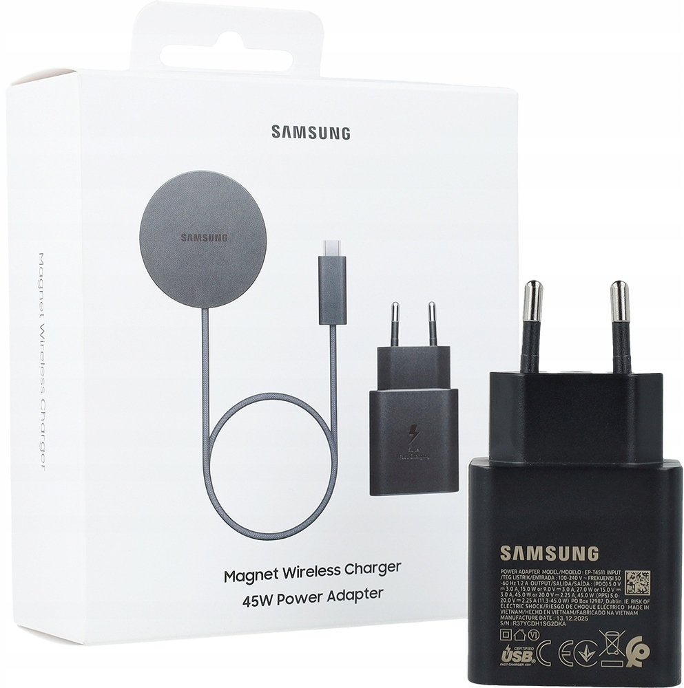 Magnetyczna ładowarka indukcyjna Samsung EP-P2900TB 25W Qi2 + ładowarka sieciowa 45W Black
