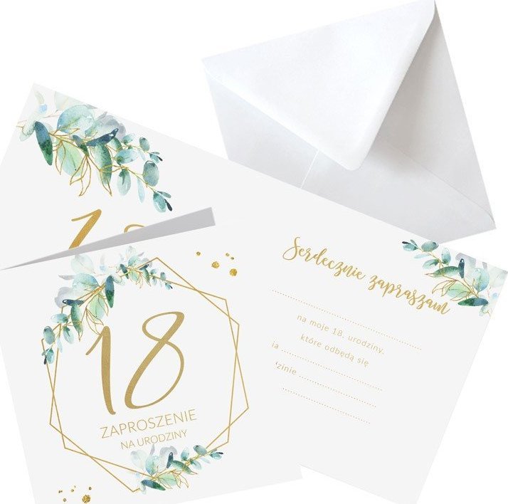 ZAPROSZENIA na 18 botaniczne Gałązka Eukaliptusa 10szt (+koperty)