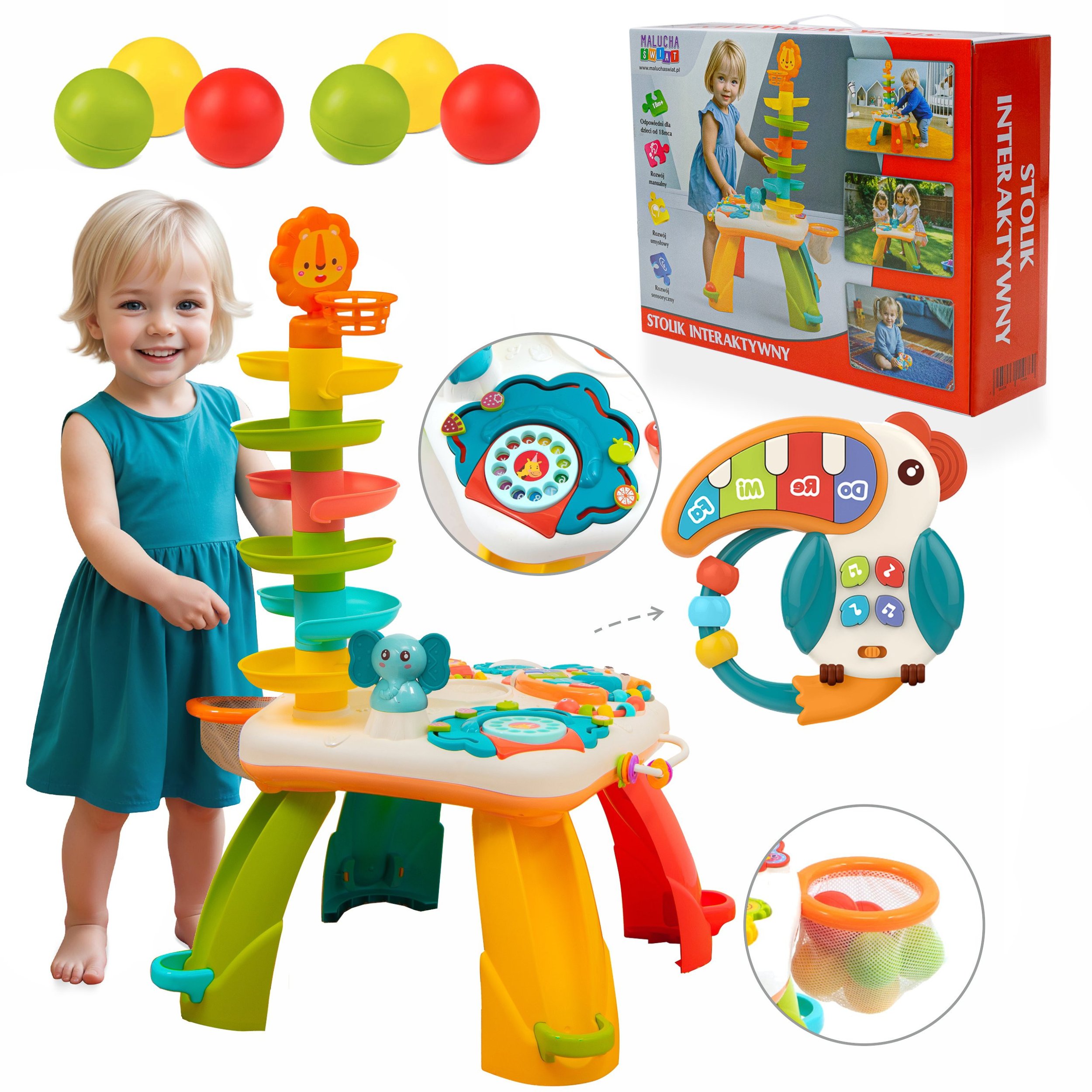 Sferazabawek STOLIK INTERAKTYWNY 2W1 PANEL EDUKACYJNY WIEŻA ZJEŻDŻALNIA DLA PIŁEK