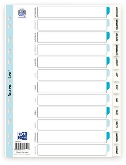 Elba 400020562, Months tab index, Polypropylene (PP), White, Portrait, A4, 0.12 mm