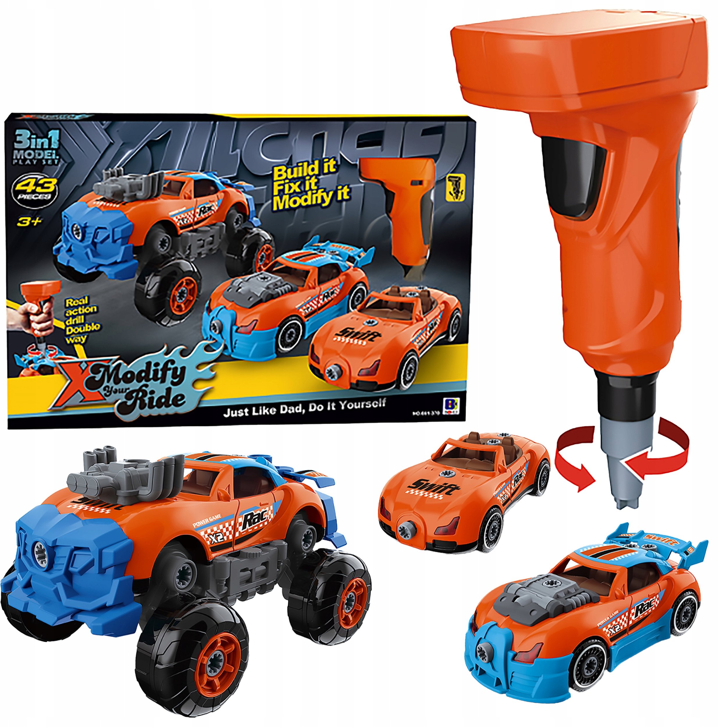 SAMOCHÓD SPORTOWY DO ROZKRĘCANIA 3W1 TUNING WKRĘTARKA ZESTAW KONSTRUKCYJNY