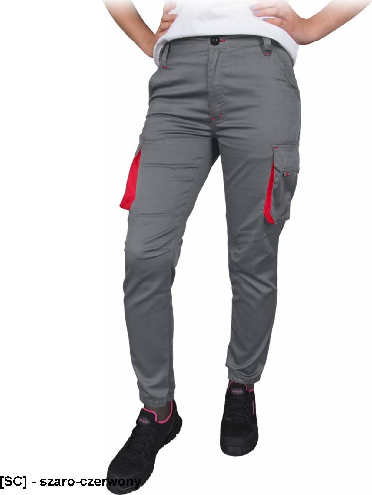R.E.I.S. FRAU-JOG-T - Elastyczne spodnie ochronne do pasa FRAU-JOG, damskie 62% poliester, 35% bawełna, 3% elastan 240 g/m2 - szaro-czerwony- 38