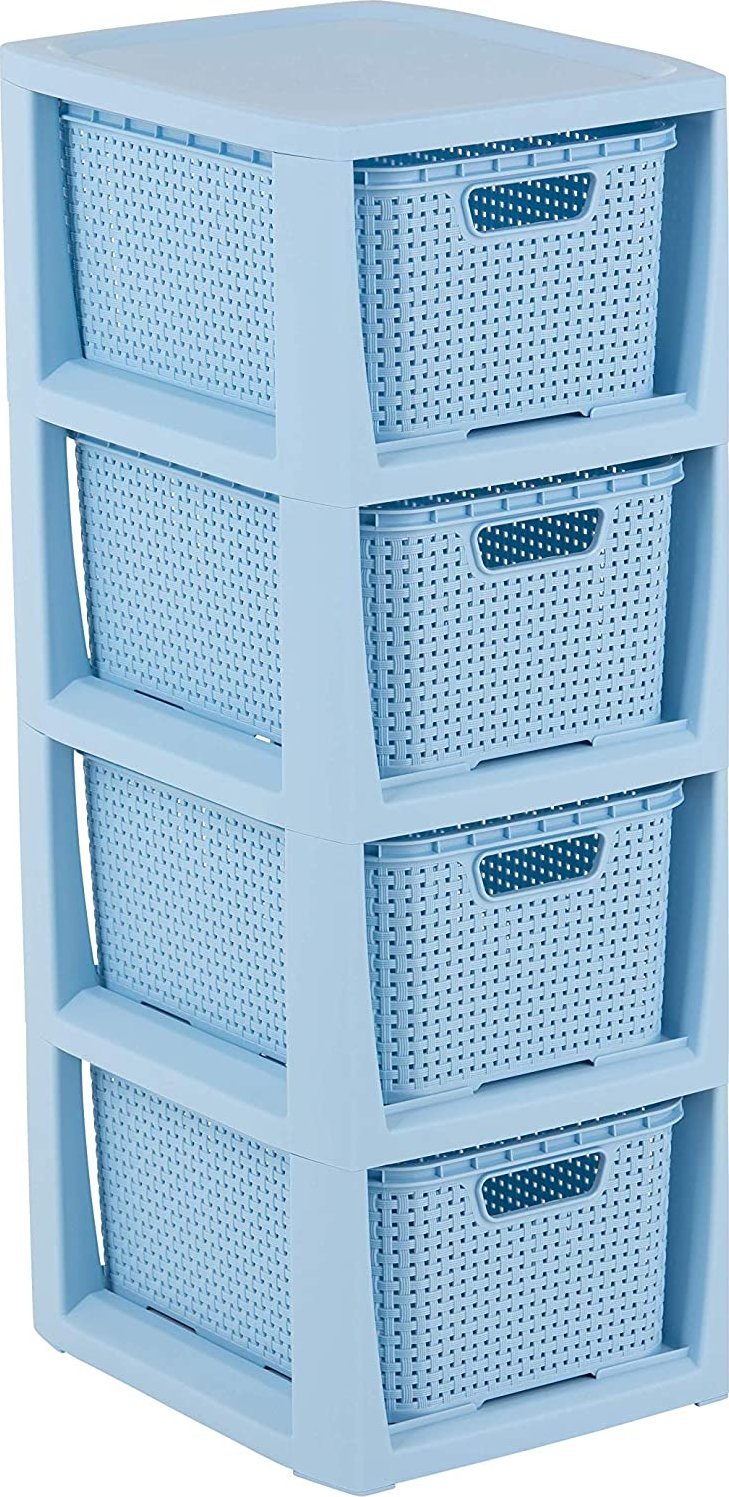 Branq BRANQ - Regał łazienkowy rattanowy - 4x kosze - komoda - niebieski