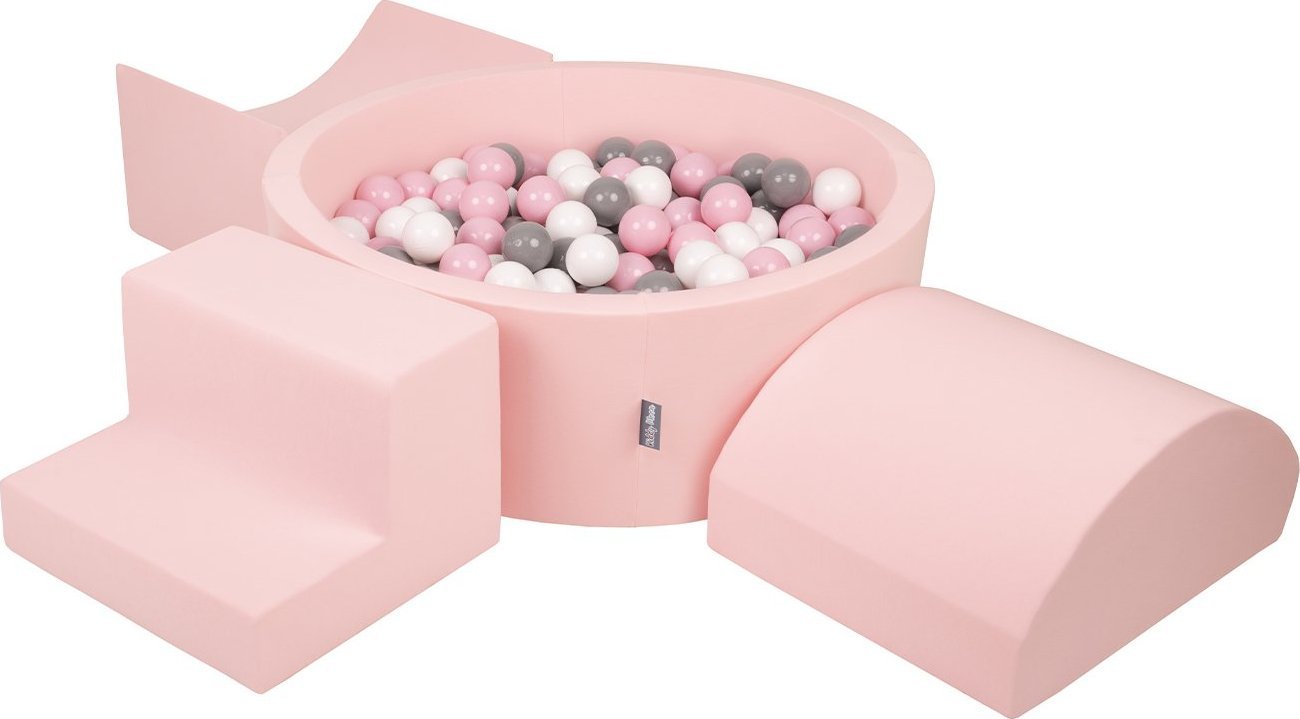 KiddyMoon KiddyMoon Piankowy plac zabaw PPZP-OK30D-134 z piłeczkami różowy: biały-szary-pudrowy róż basen 200/rampa L/półwałek L/schodek Zabawka plac