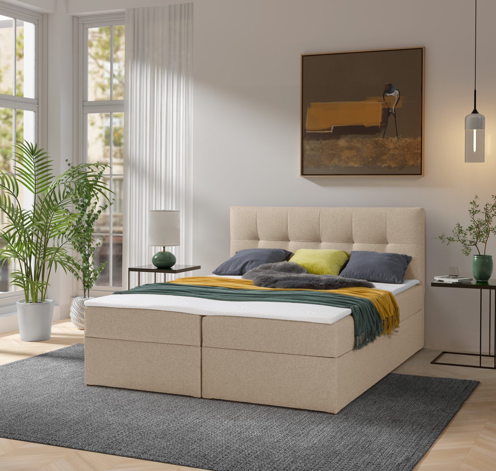 Łóżko kontynentalne Toronto 160200 (Herbi 55 - Latte) z materacem bonell i topperem