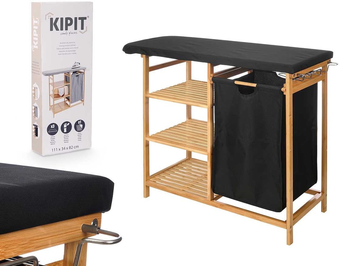 Kipit Bambusowa szafka z deską do prasowania i koszem na pranie BAMY, 111 x 34 x 82 cm
