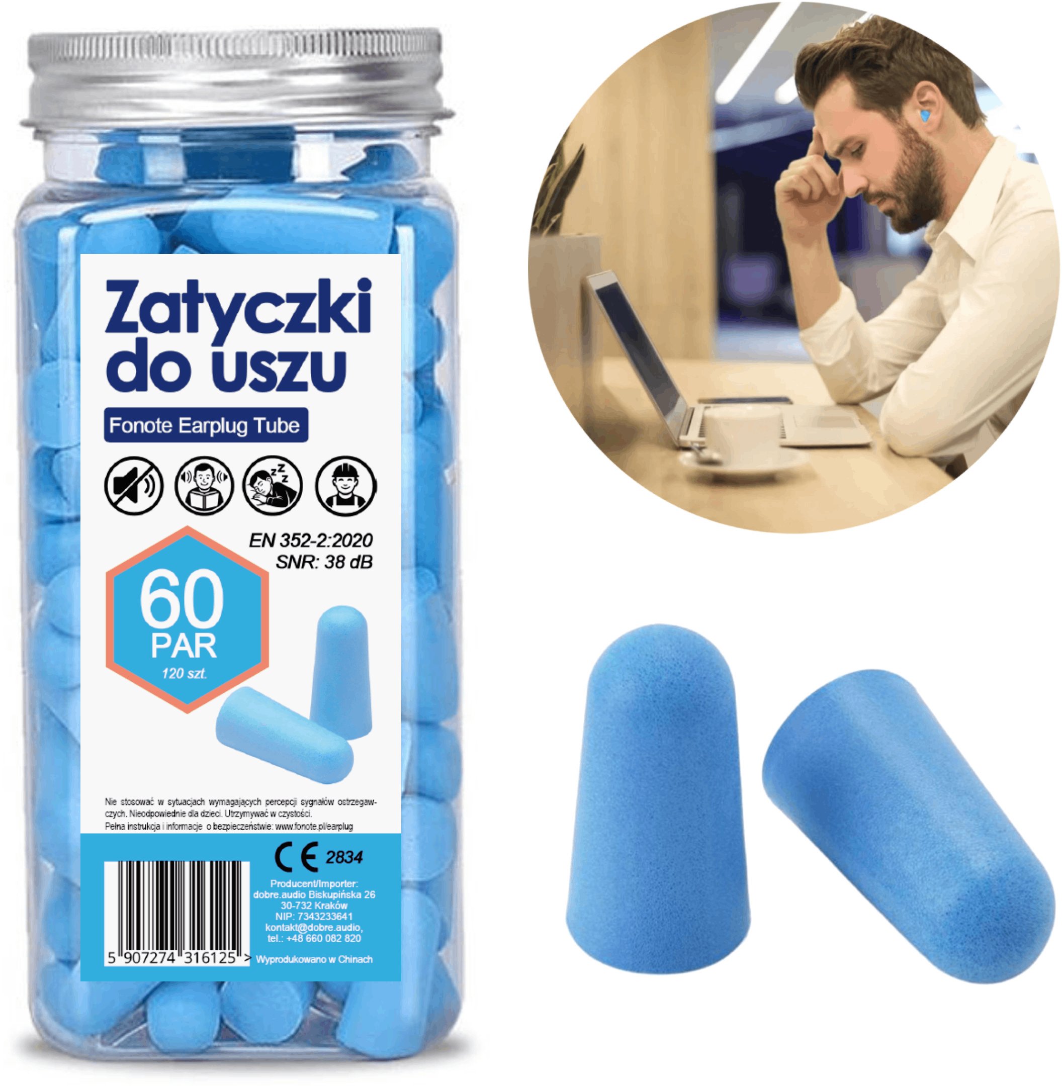 ZATYCZKI DO USZU STOPERY DO SPANIA WKŁADKI PIANKOWE WYCISZAJĄCE 120 SZT