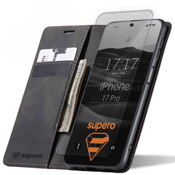 Etui z klapką Supero Business Wallet Case do iPhone 17 Pro, czarne + szkło