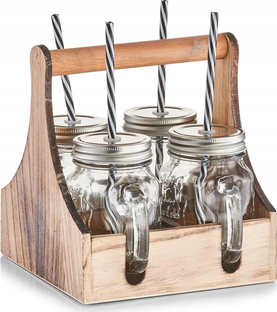 Zeller Komplet słoików do picia z wygodnym koszykiem do przenoszenia