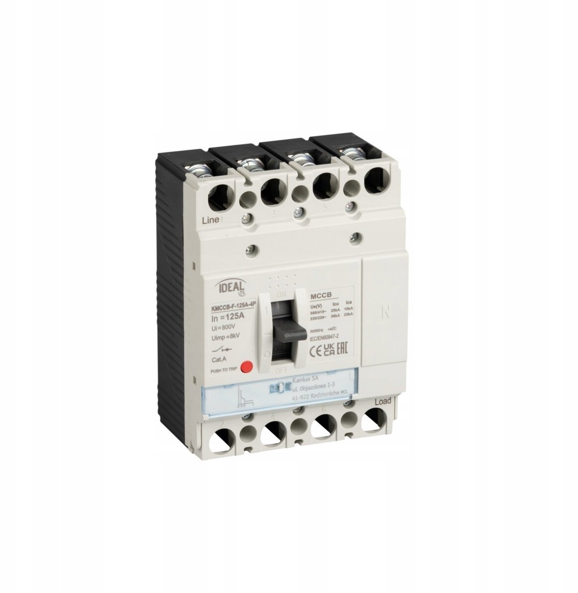 Wyłącznik kompaktowy MCCB KMCCB-F-125A-4P stała nastawa 4 bieguny Ics 25kA(380/415V AC) Icu 36kA(220/230V AC) IP20 37280