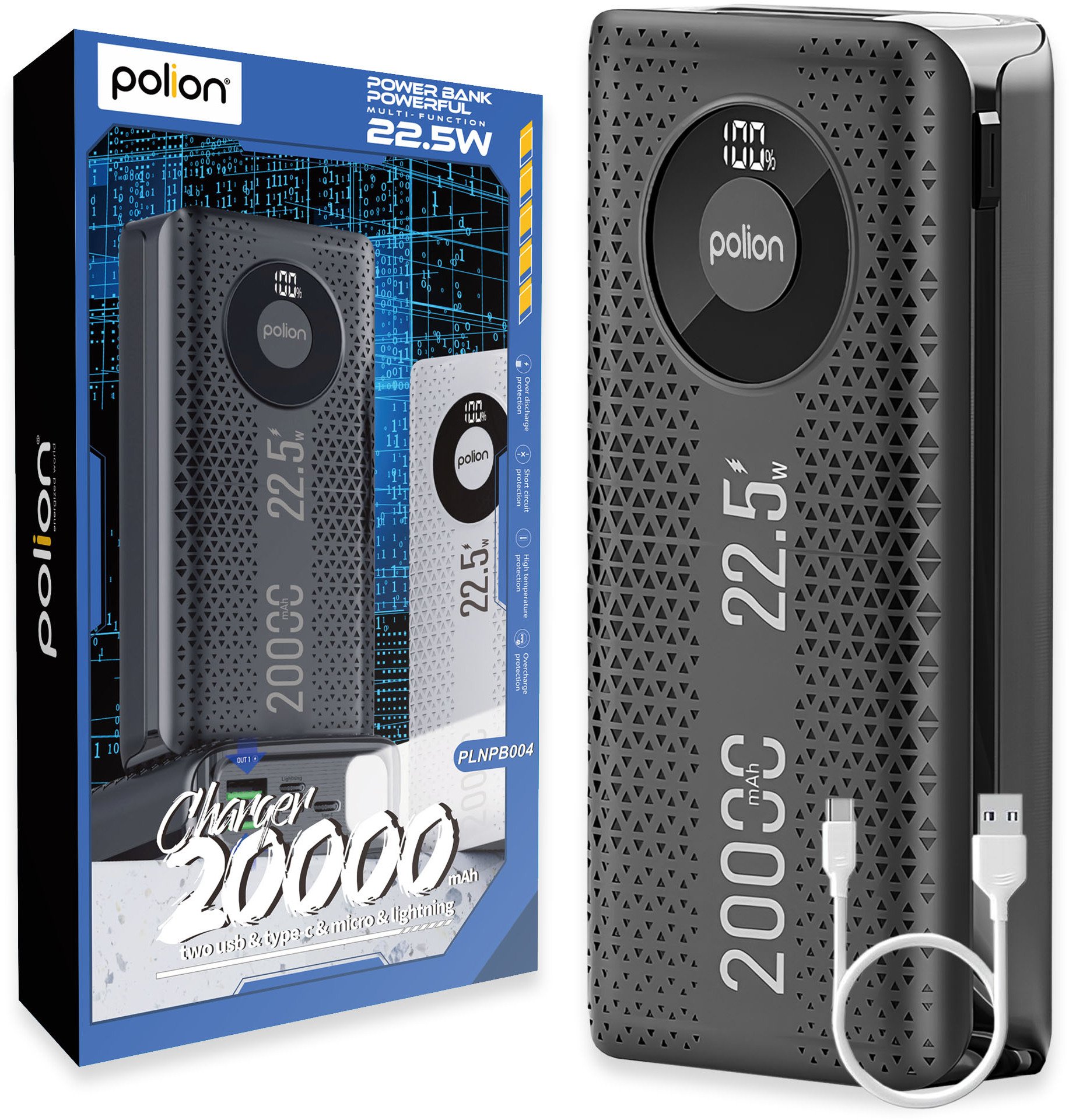 Powerbank 20000mAh 22,5W USB-C USB-A Lightning LCD PD QC szybkie ładowanie