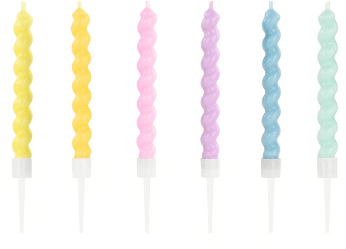 Świeczki urodzinowe zakręcone, 8.5 cm, mix (1 op. / 6 szt.)