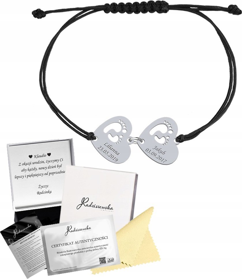 Radziszewska Jewellery Bransoletka Srebrna STÓPKI SERCE Imię Dziecka Prezent Dzień Mamy 925 GRAWER