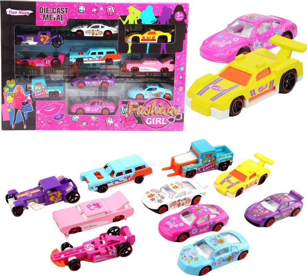 LeanToys Zestaw Autek Resoraków Dla Dziewczynek Różowe 10szt