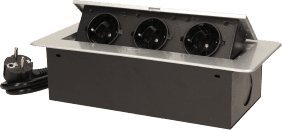 Orno Gniazdo meblowe wpuszczane w blat z płaskim frezowanym rantem i przewodem 1,5m, 3x2P+Z, srebrne, wersja schuko