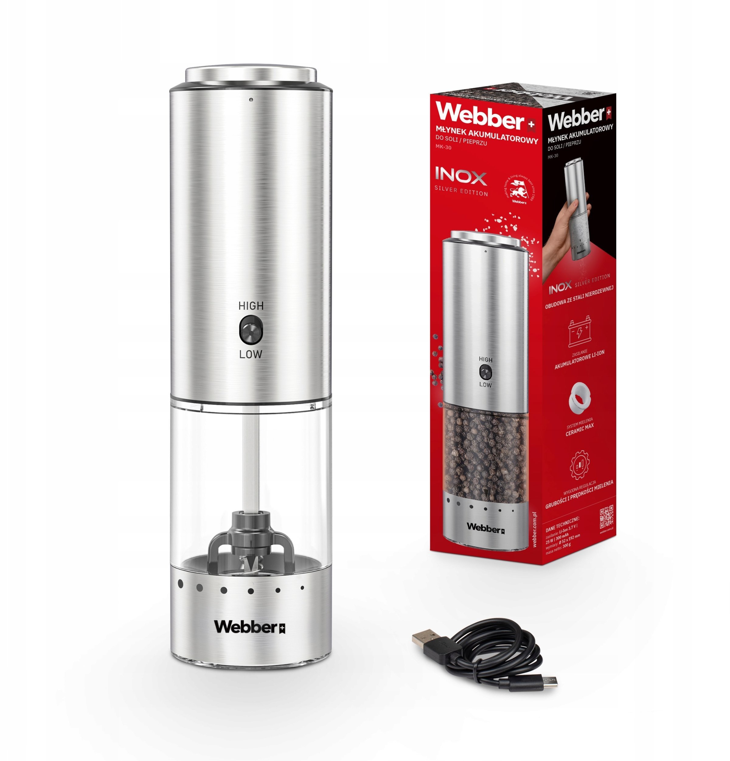 MŁYNEK DO PIEPRZU I SOLI ELEKTRYCZNY AKUMULATOROWY USB MŁYNEK DO SOLI