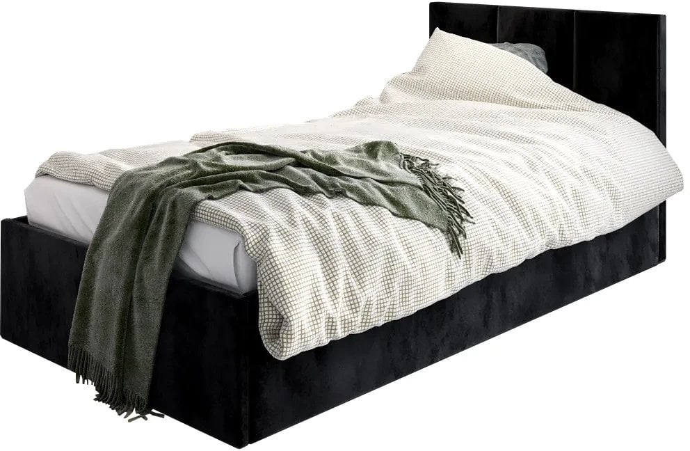 Łóżko młodzieżowe VIVO 80x200 czarne z tapicerowanym panelem i pojemnikiem na pościel MKPOL