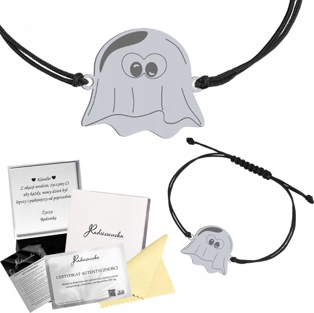 Radziszewska Jewellery Bransoletka Srebrna Duszek Halloween 925 Sznurek Prezent GRAWER ŻYCZENIA