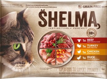 Shelma 4-pack bezzbożowych filecików dla kotów dorosłych. Bogate wołowinę z pomidorami, rozmarynem i tymiankiem w sosie, bogate