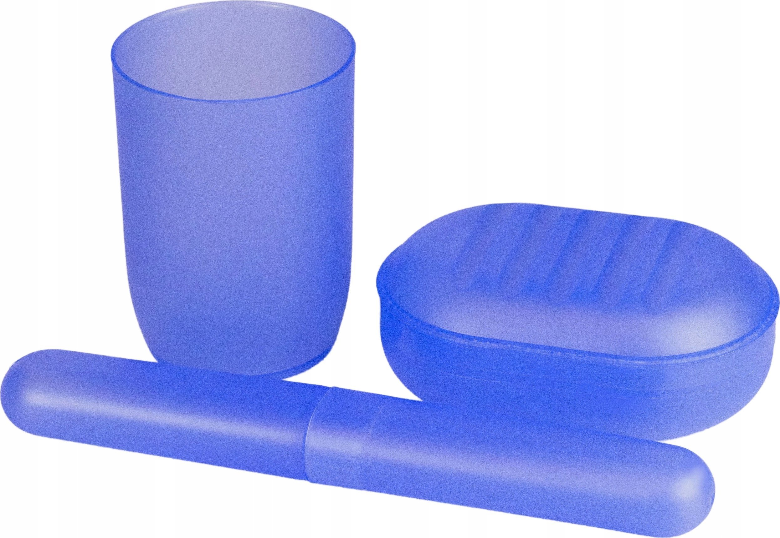 INTER-VION_SET Niebieski zestaw toaletowy z kosmetyczką kubek łazienkowy + kubek na szczoteczi + mydelniczka + organizer