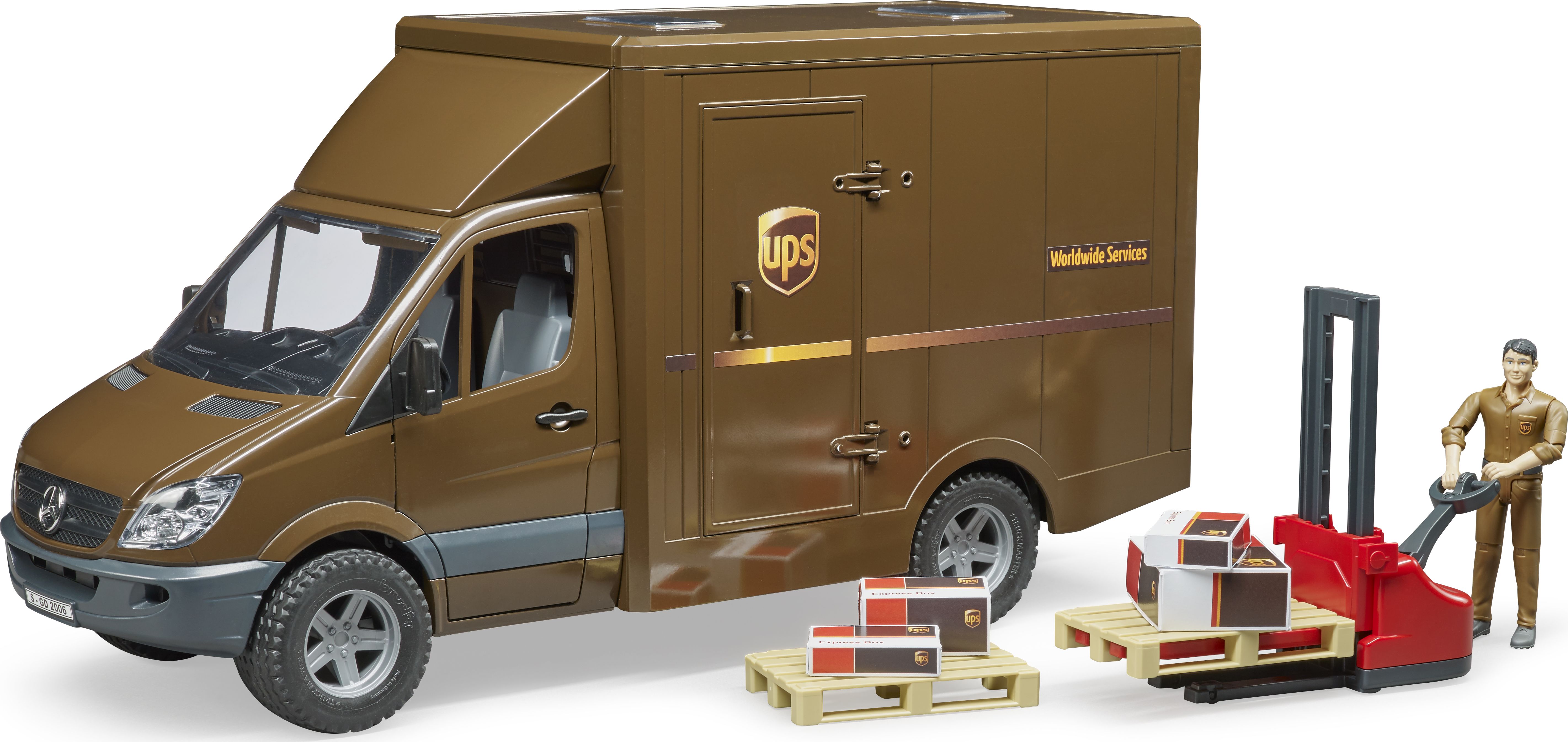 Bruder MB Sprinter UPS z figurką, podnośnikiem i z akcesoriami spedycyjnymi (02538)