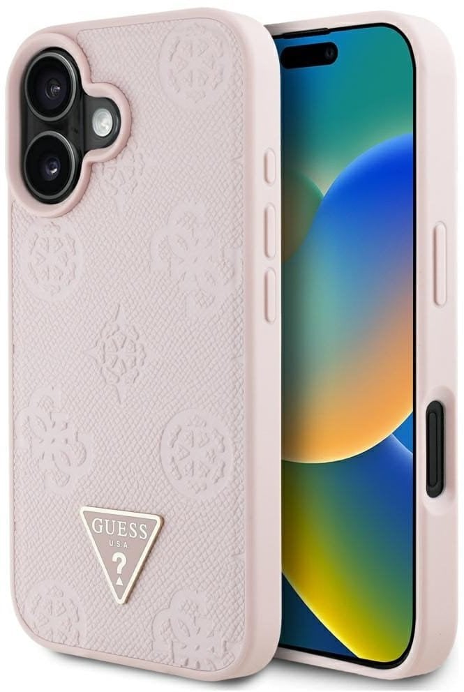 Etui Guess Grained Hot Stamp Peony Triangle Logo MagSafe do iPhone 16 różowy