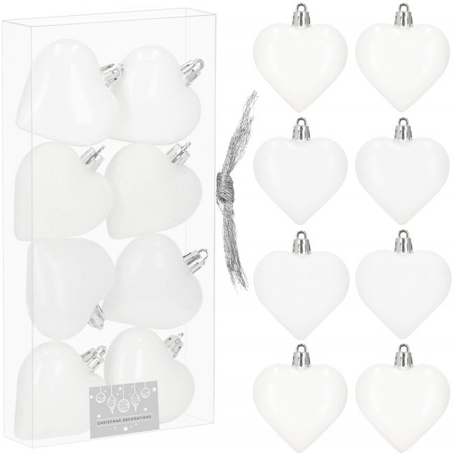 Bombki choinkowe 8 szt. ozdoby świąteczne 7 cm serca, białe UNIWERSALNY