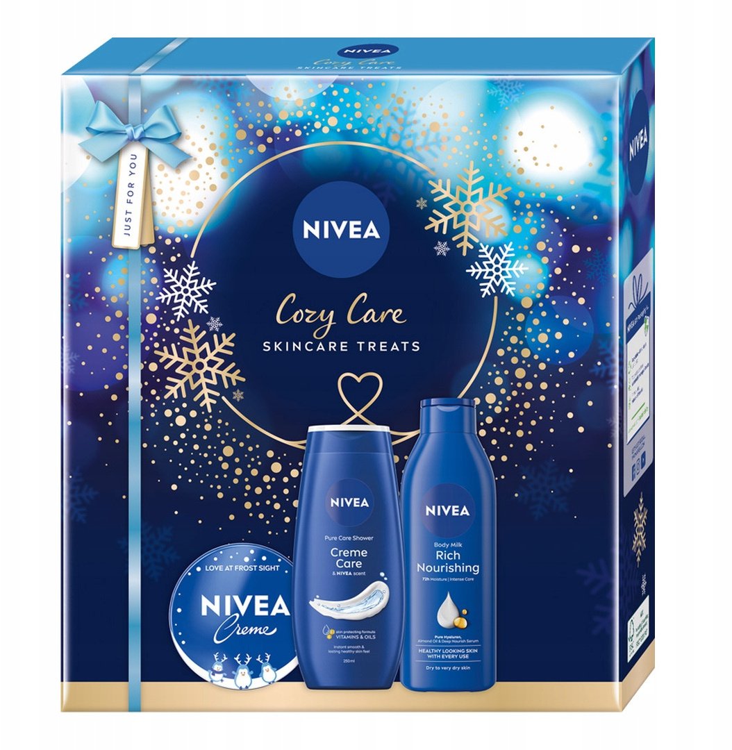 Nivea Cozy Care zestaw pielęgnujący żel pod prysznic 250ml + odżywcze mleczko do ciała 250ml + krem uniwersalny 150ml