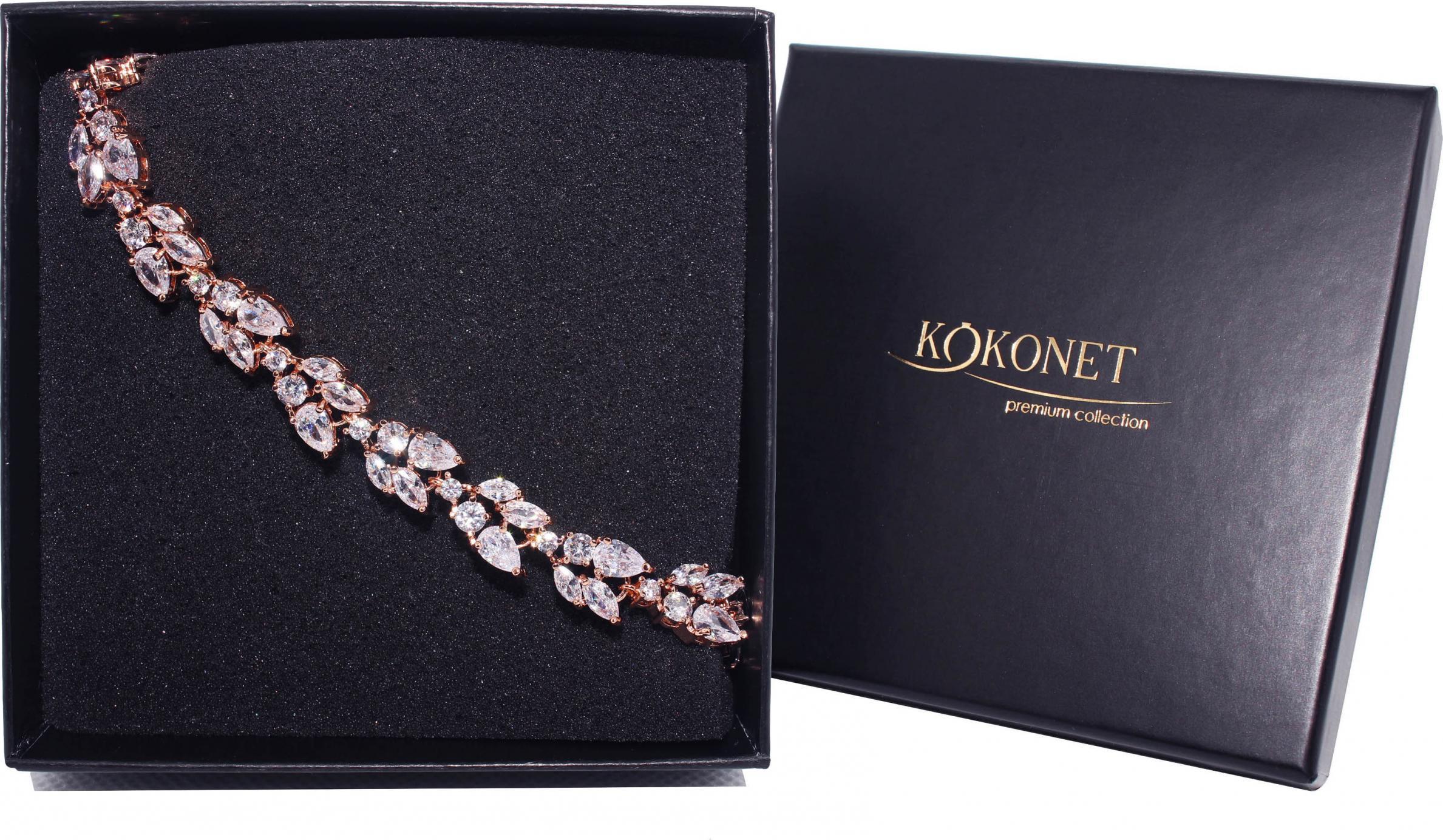 KOKONET BRANSOLETKA ślubna KWIATOWA listki RÓŻOWE ZŁOTO