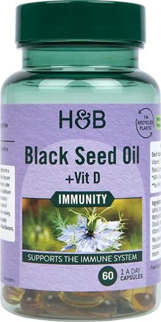 Holland & Barrett Holland & Barrett - Olej z nasion czarnego kminu + Witamina D, 60 kapsułek