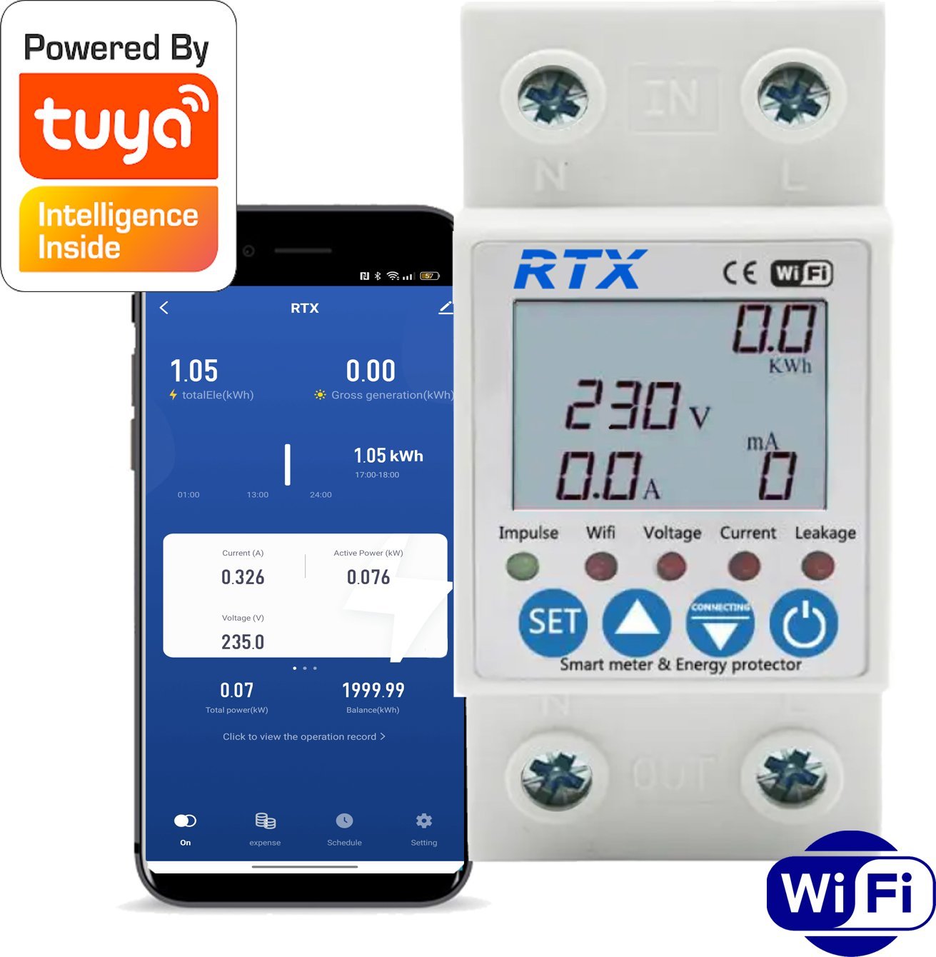 RTX Licznik Miernik Energii Prądu Watomierz Pomiar do 63A TUYA WiFi DIN